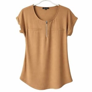 Lily Morgan Camel Tan Short Sleeve Zip Neck Blouse Neutral Business Casual